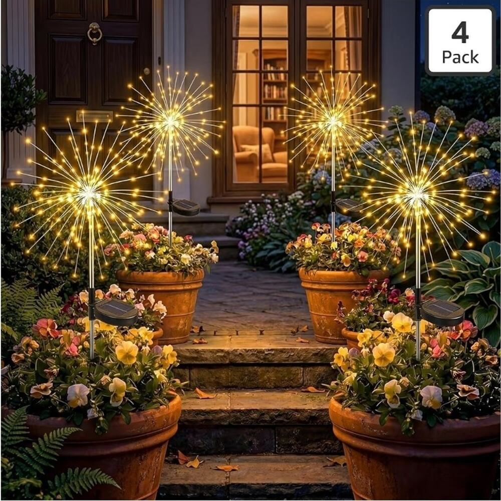 Solar Firework Lights 4Pk 120LED Starburst Garden 8 Modes Waterproof Decor
